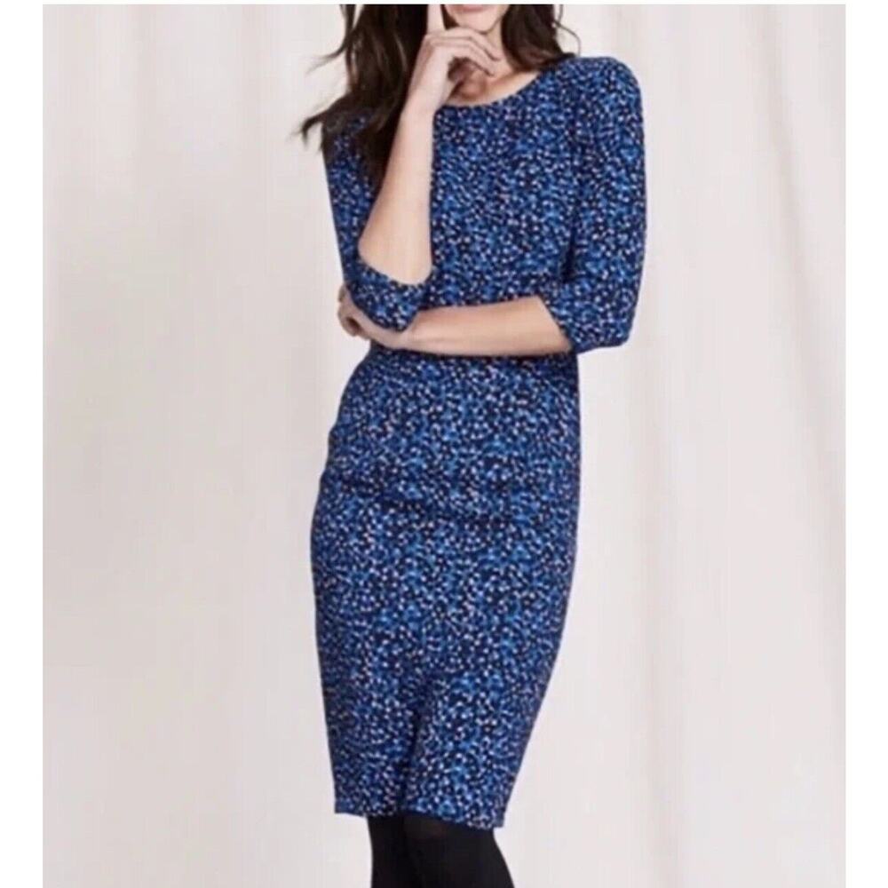Boden Rosalindβ Sheath Dress Sz 6 Blue 3/4 Sleeve Black Pink Dots Career Office
